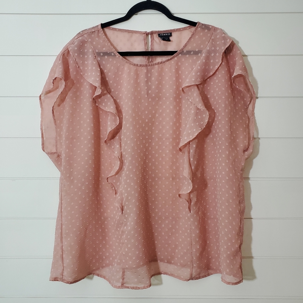 Torrid Pink‎ Polka Dot Ruffle Chiffon Top. Size: 2